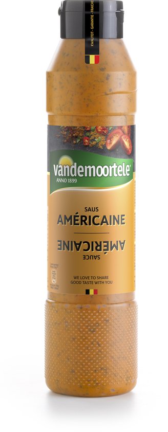 Vandemoortele Americaine saus met afbeeldingen van tomaten en kruiden op het etiket.