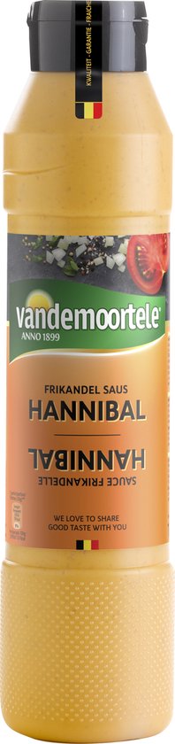 Fles Vandemoortele Hannibal Frikandel Saus in oranje verpakking met logo en afbeeldingen van tomaat en ui.