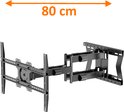Support mural TV noir avec bras extensibles, largeur de 80 cm indiquée par une flèche orange.