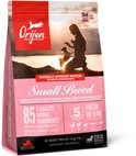 Roze zak Orijen Small Breed hondenvoer met op de voorgrond een silhouet van een vrouw en een hond bij zonsondergang.