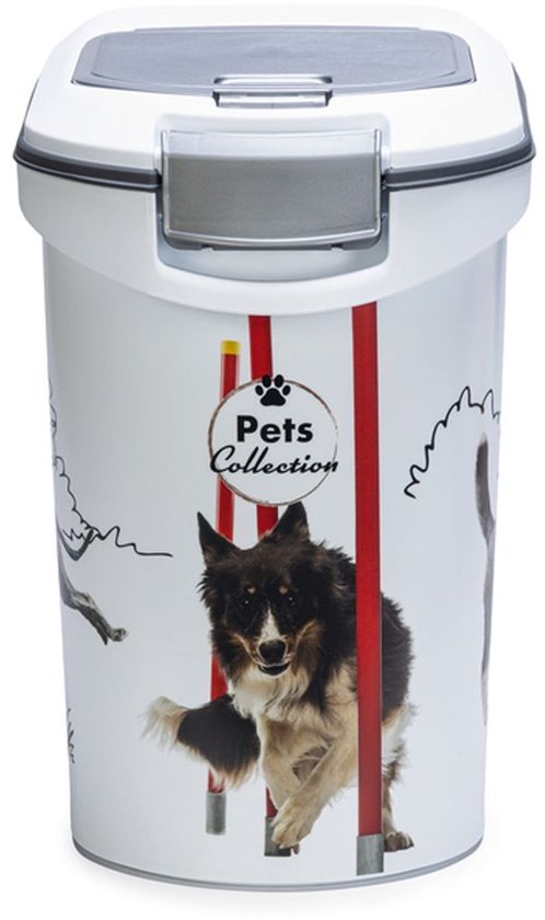 Witte voorraadbussen met wieltjes en een afbeelding van een border collie.
