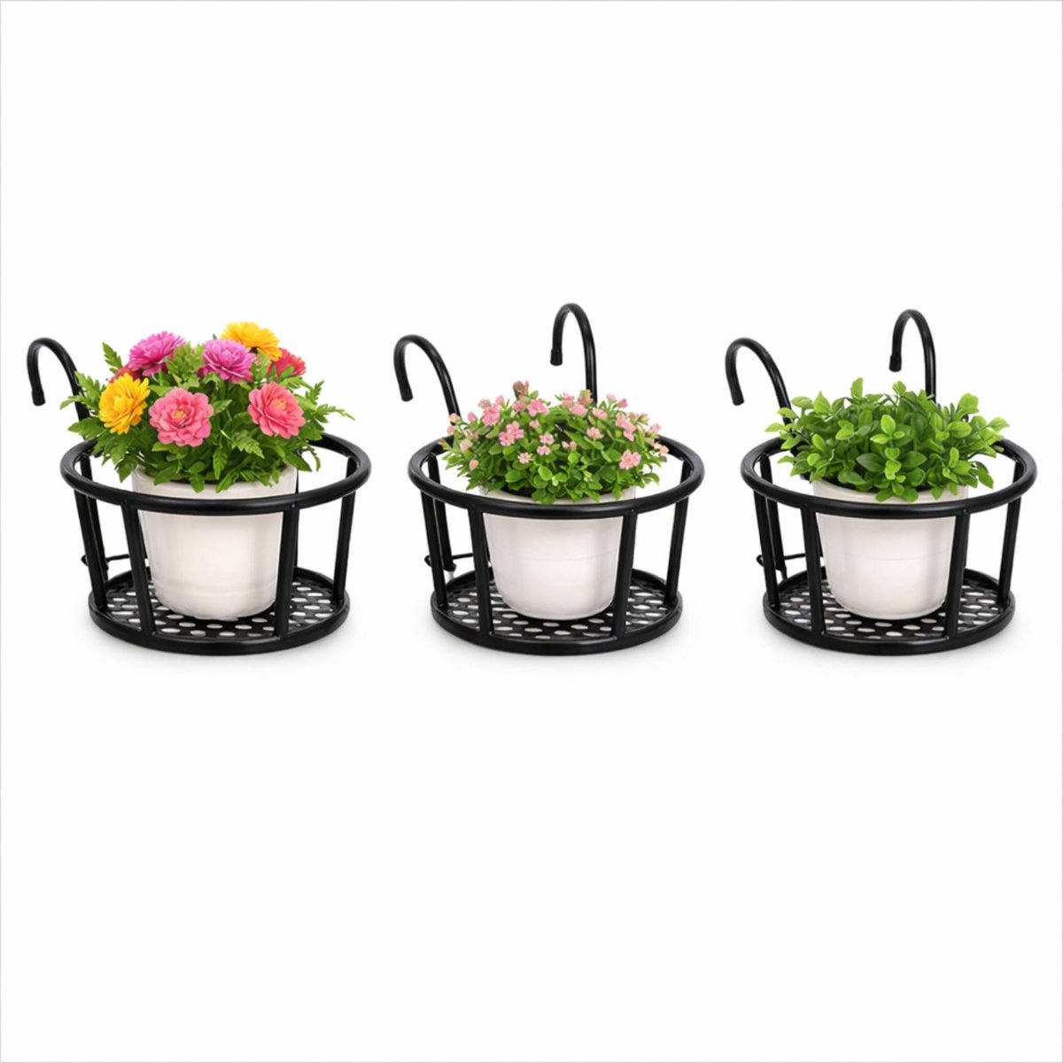Arisa Home Plantenhouder Balkon Set van 3 – Metalen Bloempothouder – Hangende Bloempot Houder – Zwart – Balkon Plantenrek.