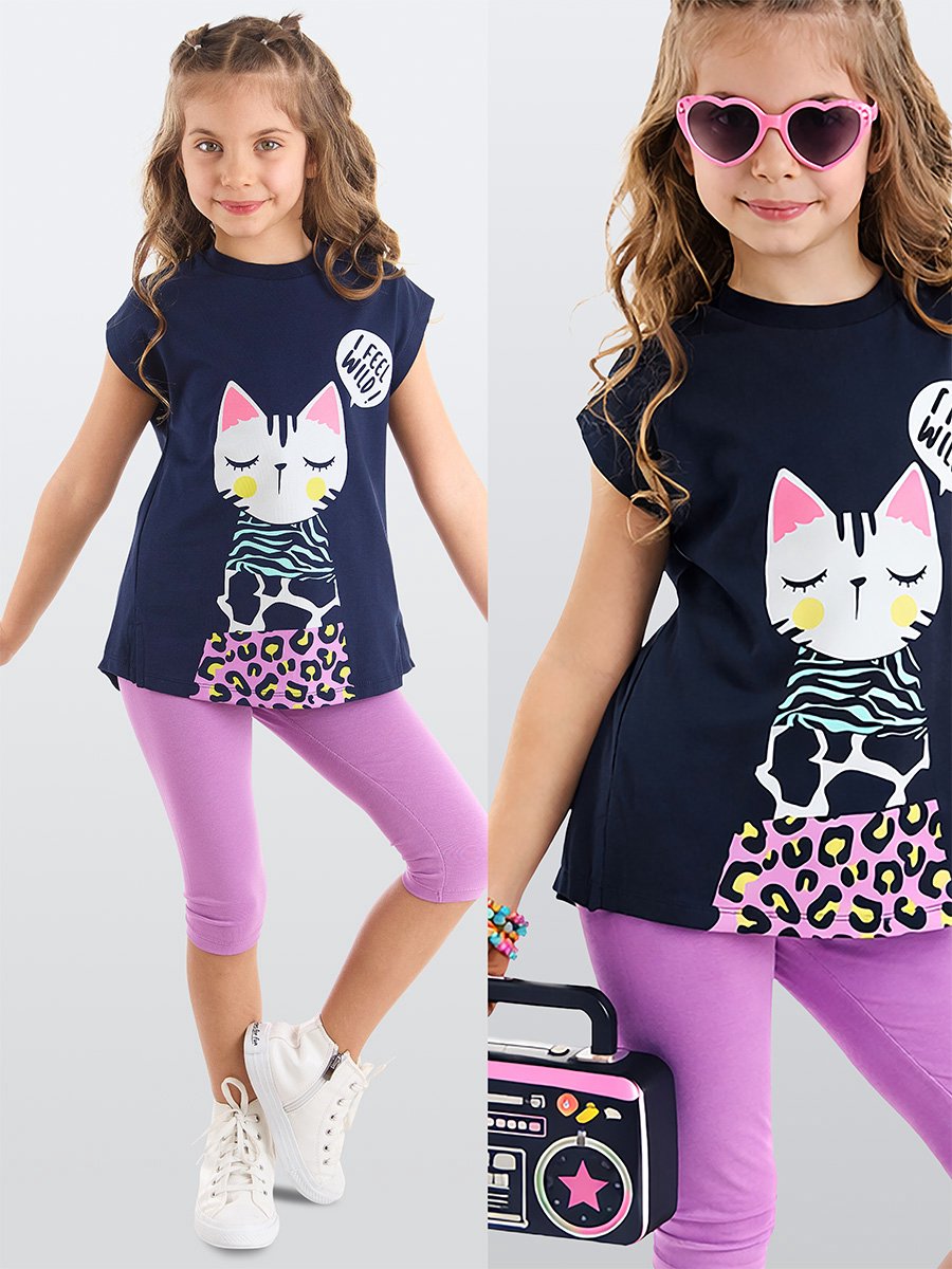 MSHB&G MS-22Y2-012 Marineblauw Meisjes Tuniek & Leggings Set Kattenprint 140