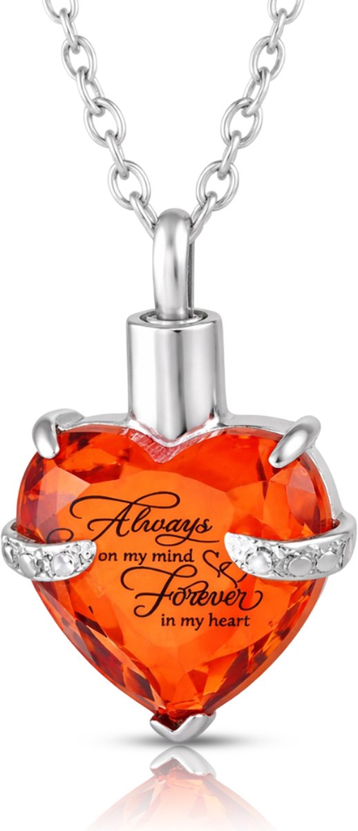 Akerz Mini urn ketting hart oranje – As hanger – Herinneringssieraad – Always in my heart – RVS