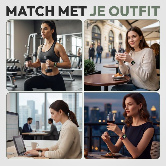 Vier afbeeldingen van vrouwen die een smartwatch dragen in verschillende situaties: sporten, koffiedrinken, werken en dineren.