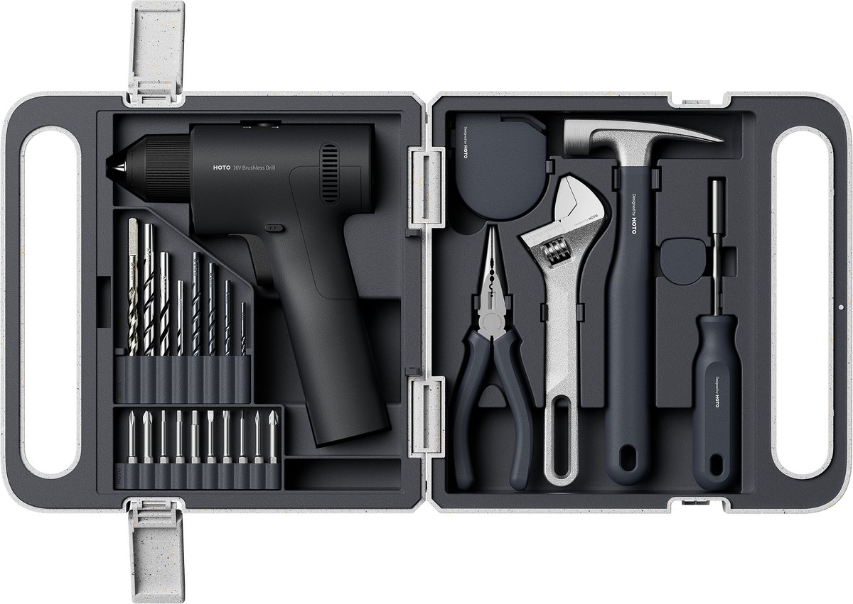 HOTO 16V Cordless Drill Tool Kit Brushless – Accuboormachine Gereedschapsset Borstelloos – Complete Gereedschapsset – 50 Nm – 2 Snelheden – USB-C Oplaadbaar – Inclusief Handgereedschap & Bits