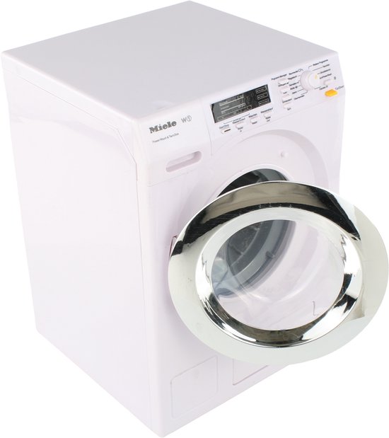 Witte speelgoedwasmachine van Miele met open deur, kijkend vanaf de bovenhoek.