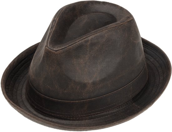 Bruine, gewassen katoenen fedora hoed met band.