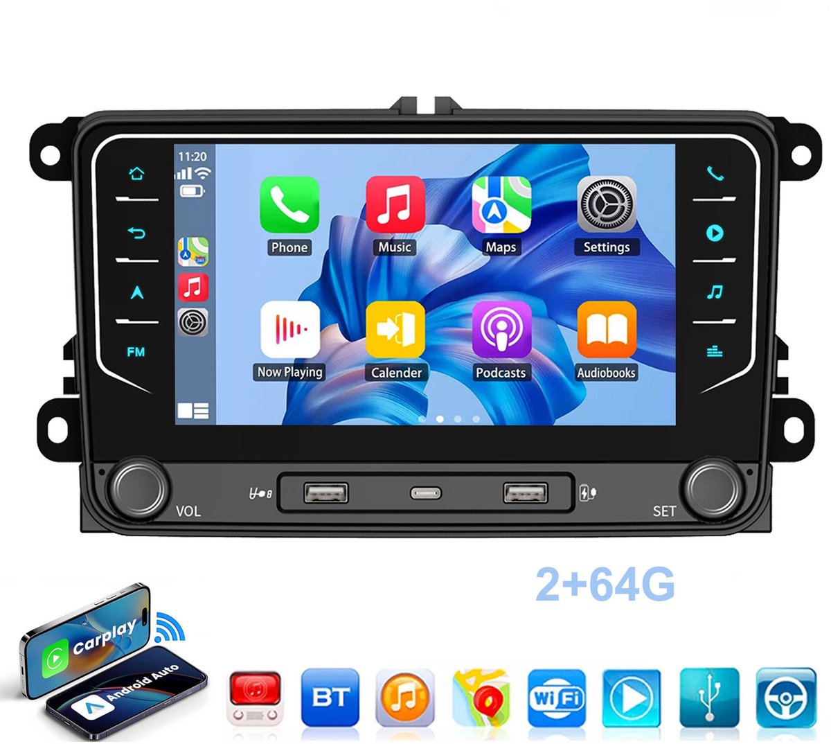 ESSGOO Autoradio met bluetooth Geschikt Voor VW Golf 5 6 Passat Skoda Fabia TIguan Touran Polo EOS Jetta - Android 15 - 2+64 GB - Navigatiesysteem - Wifi & FM - 7 inch HD touchscreen