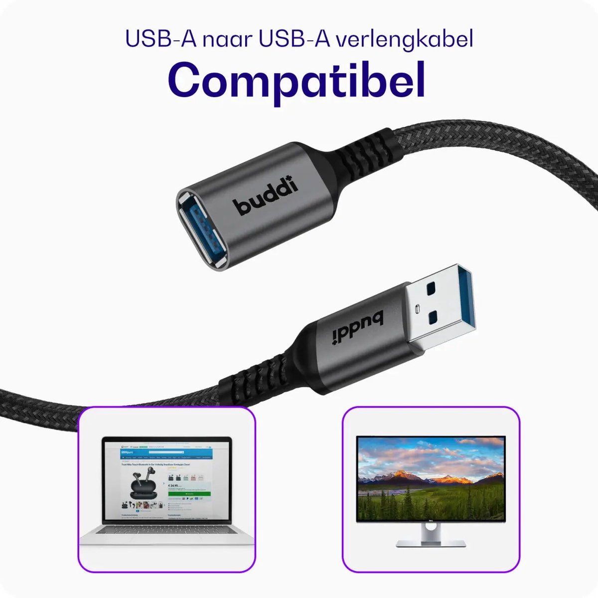 Buddi Flex | USB-A naar USB-A Verlengkabel | USB 3.0 | Female naar Male | Geschikt voor printers, telefoon, USB-sticks, harde schijven en meer | USB Verlengsnoer | Gevlochten Nylon | 3M | Zwart – foto 2