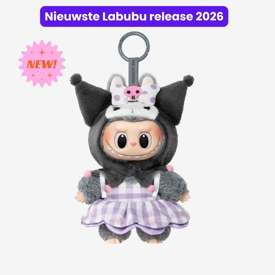 Labubu Kuromi met grijze outfit, paarse gestreepte jurk en strik, met een rode strik.