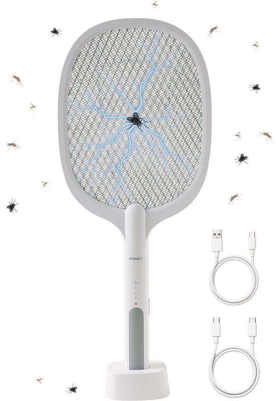 Wonact 2-in-1 Elektrische Vliegenmepper en Muggenlamp – 3000 Volt – Tegen Vliegen, Muggen, Fruitvliegjes, Motten en Meer – Met Oplaaddock en UV-Licht – Geurloos Alternatief voor Spray en Muggennet