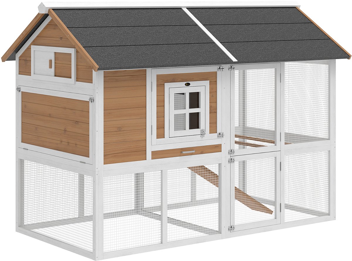 Kippenhok - Kippenren - Met ren - Voor buiten - kippenhok met beschermdak - 200L x 104B x 145H cm - Bruin