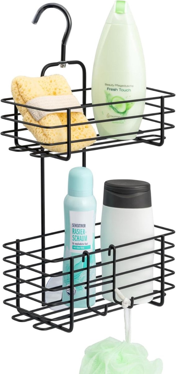 RONN® Doucherek aan Douchewand - Hangend Badkamerrek – Deurrek Met Mandjes – Zwart - 44cm x 27cm x 14cm
