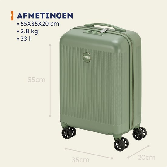 Lichtgroene koffer van 55x35x20 cm met geribbelde textuur en vier wielen.