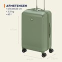Lichtgroene koffer van 67x44x25 cm met geribbelde textuur en vier wielen.