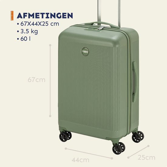 Lichtgroene koffer van 67x44x25 cm met geribbelde textuur en vier wielen.
