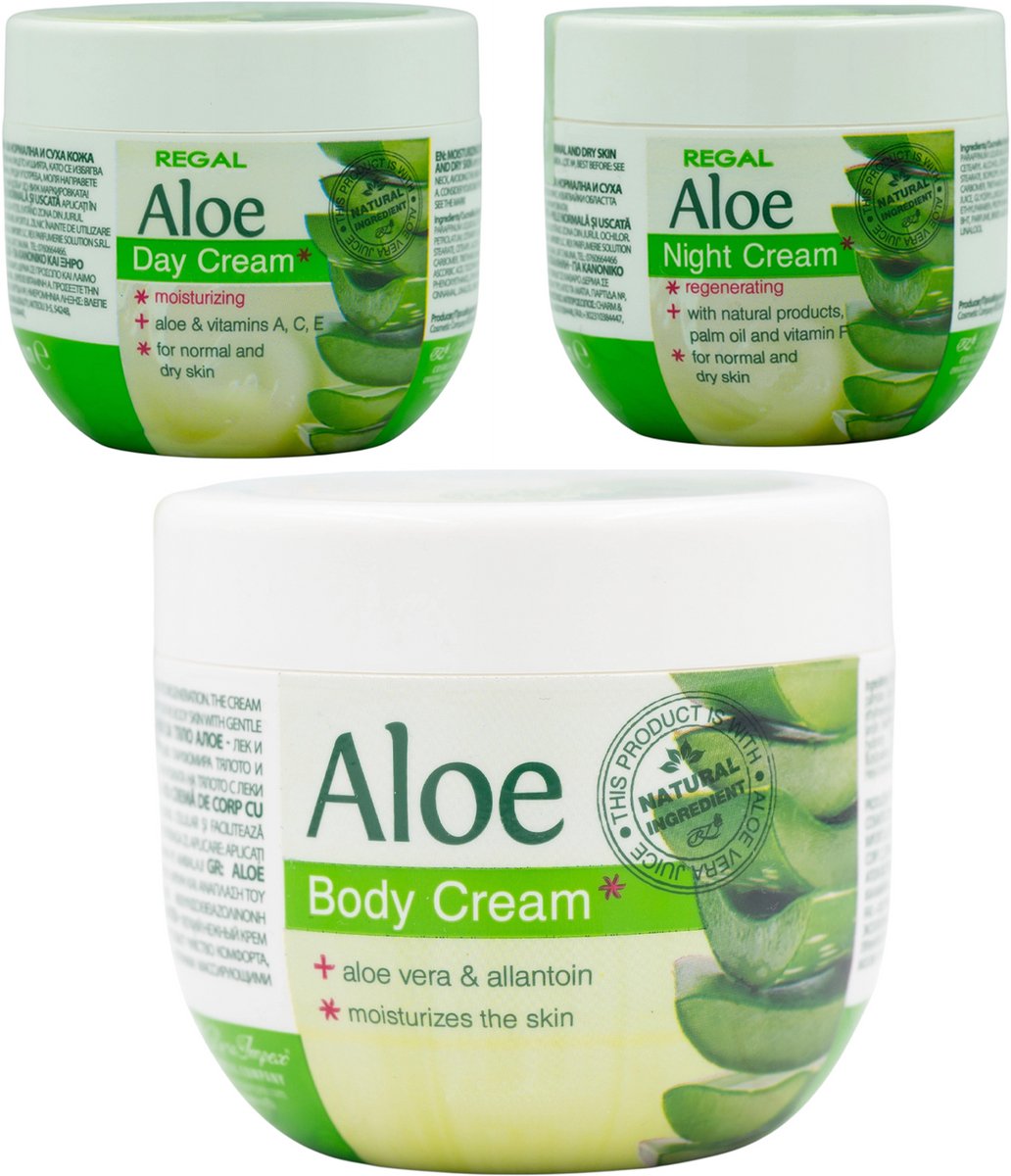 Regal Aloe Dagcrème + Nachtcrème + Bodycrème Set – Aloë Vera Gezichtsverzorging & Lichaamscrème voor Gevoelige, Normale en Droge Huid – 2 x 100ml + 250ml