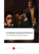 Boekomslag met drie mannen en een fles, titel 'FYODOR DOSTOYEVSKY The Brothers Karamazov'.