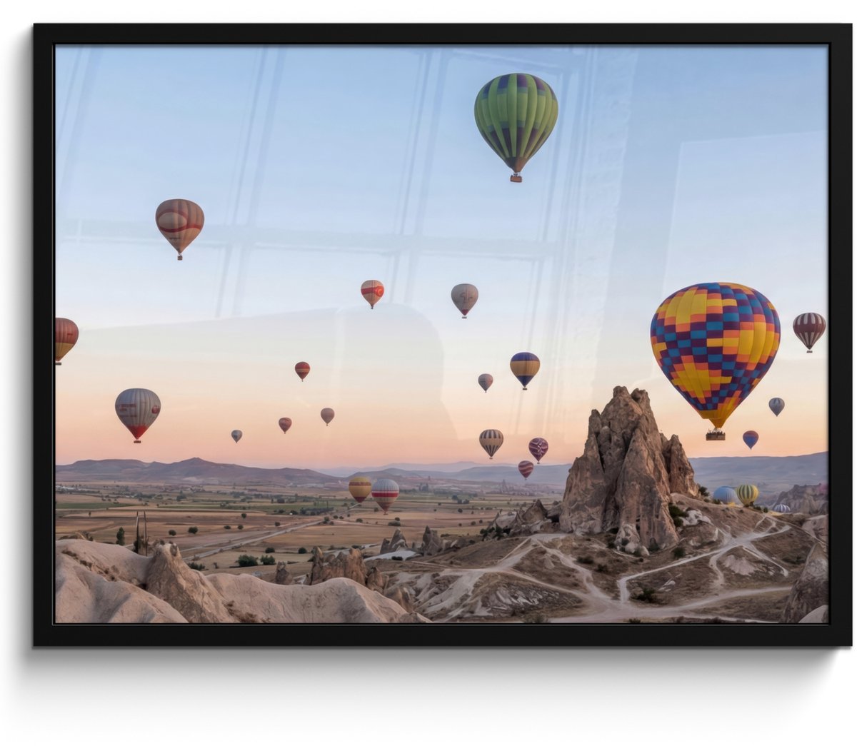 FrameYourWall Poster in lijst - Fotolijst 70x50 cm - Posters - Luchtballonnen - Rotsen - Zonsopgang - Posterlijst zwart - Decoratie - Wanddecoratie woonkamer - Muurdecoratie slaapkamer