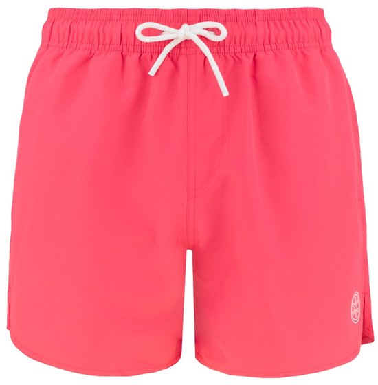 Koraalkleurige zwembroek met witte veter en een wit logo op de zijkant.