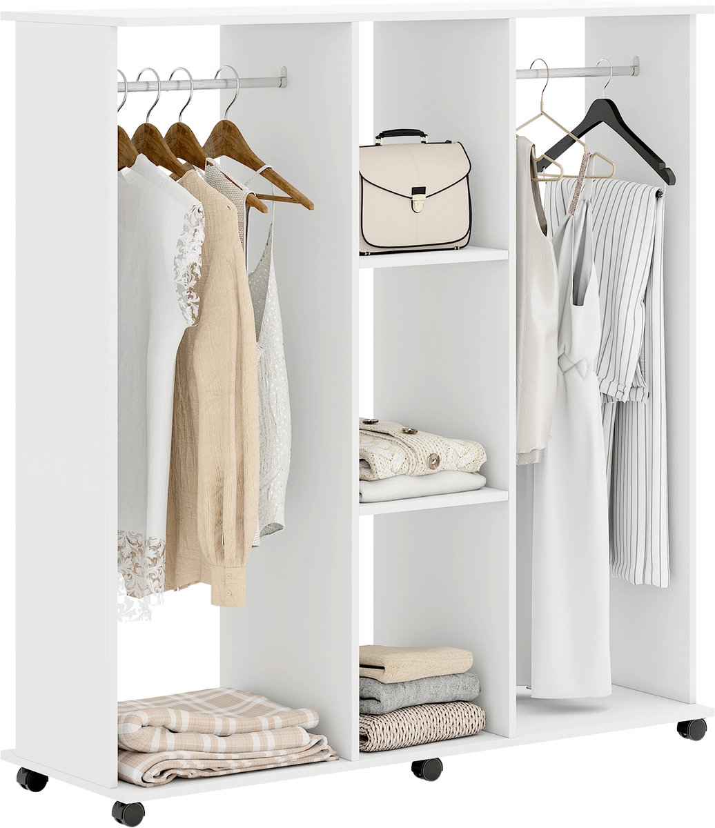 HOMCOM Kledingrek op wielen - Spaanplaat - 120x40x128cm - Wit