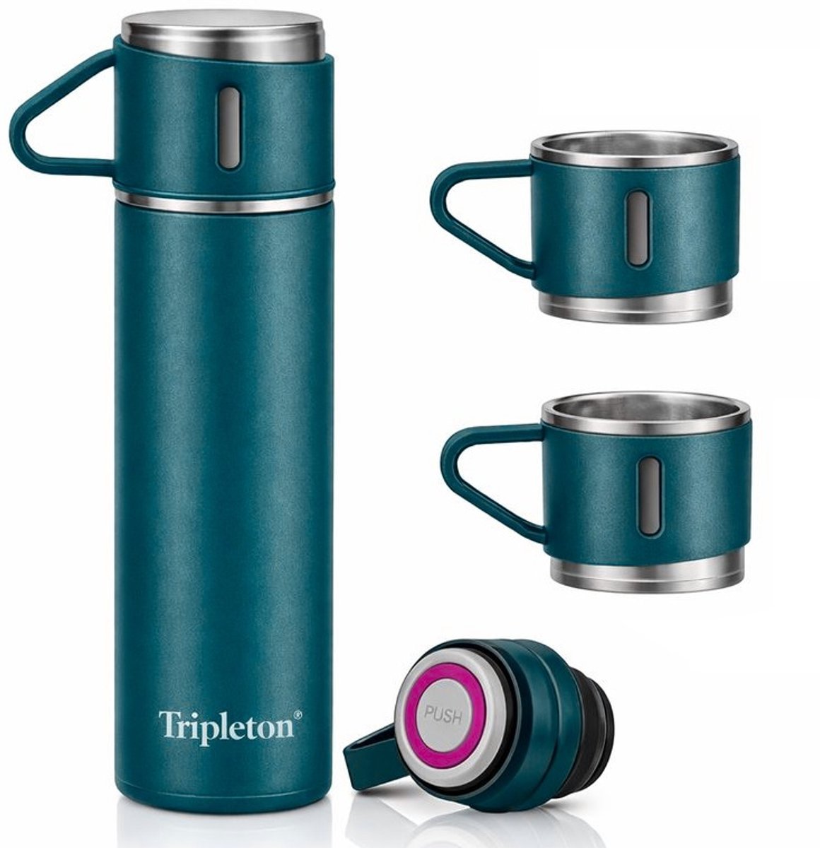 Thermosfles 500 ml met 3 Bekers – RVS Vacuümfles – 12u Warm & 12u Koud – Blauw