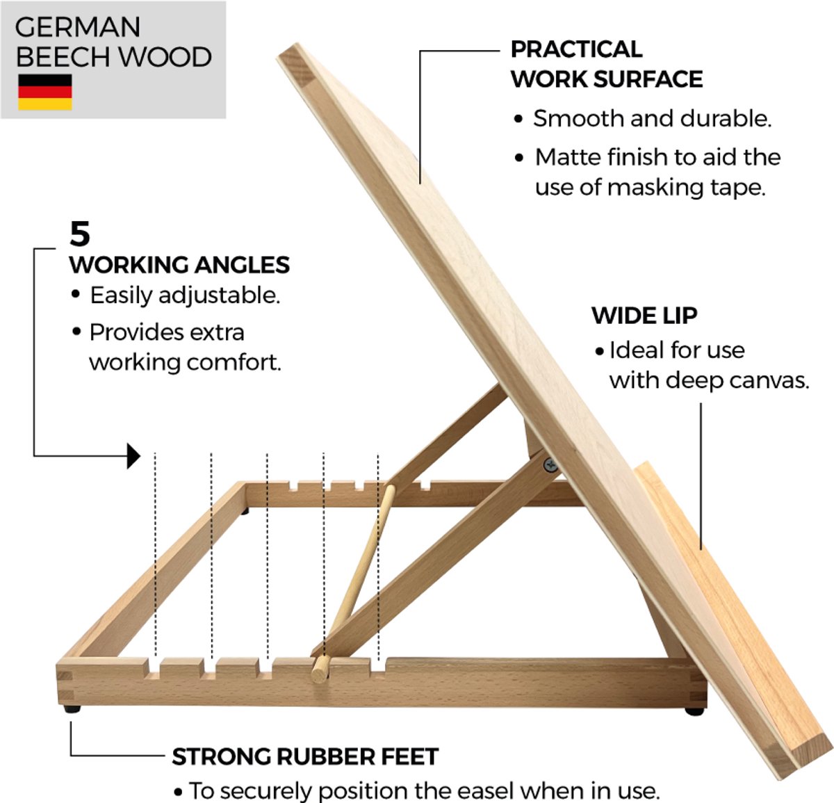 Zieler Workstation A2 Formaat - Houten Tekentafel - Tekenbord - 5 Standen - voor Volwassenen en Kinderen - Lessenaar - Tafelezel Geschikt voor Max 43 x 62 cm - Schildersezel — afbeelding 8