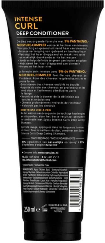 Achterkant van de zwarte tube "Syoss Intense Curl Deep Conditioner". Beschrijving van de formule, ingrediënten en gebruiksaanwijzing.