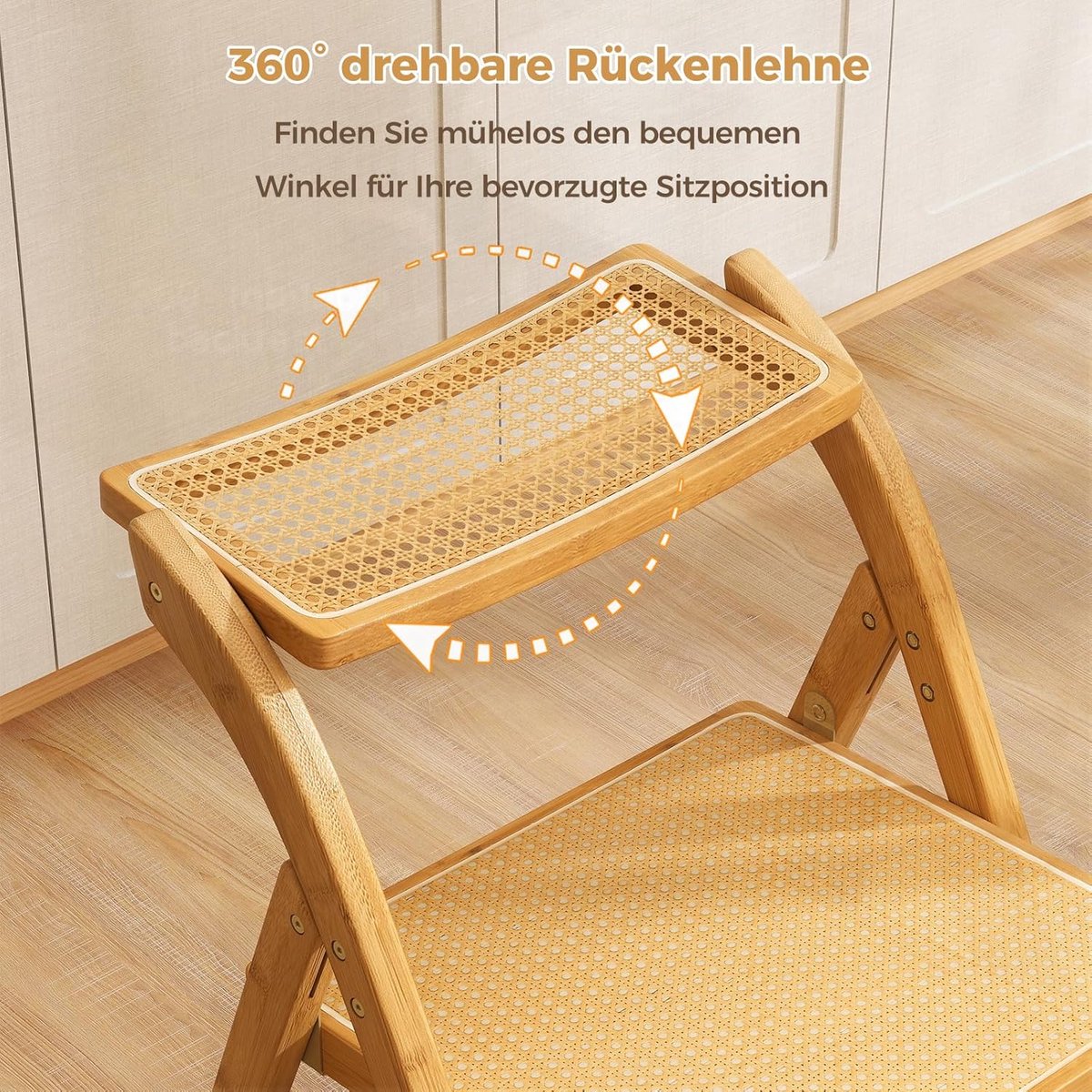 Eetkamerstoelen Set van 2 – Inklapbare Boho Rotan Stoelen met 360° Draaibare Rugleuning – Bamboe Keukenstoelen 56 x 49 x 80 cm – Comfortabele Zithoogte 46 cm – Laura