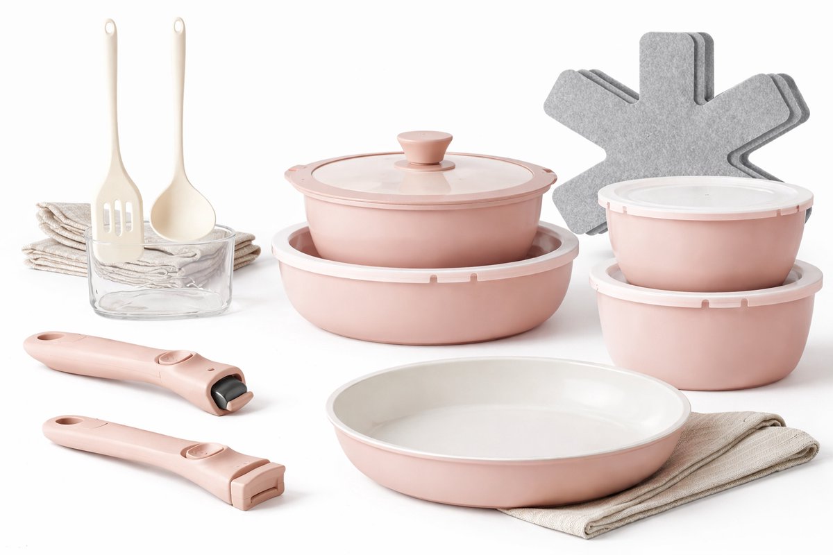 Roze keramische pannenset met afneembare grepen, 16-delig - Ovenbestendig en stapelbaar