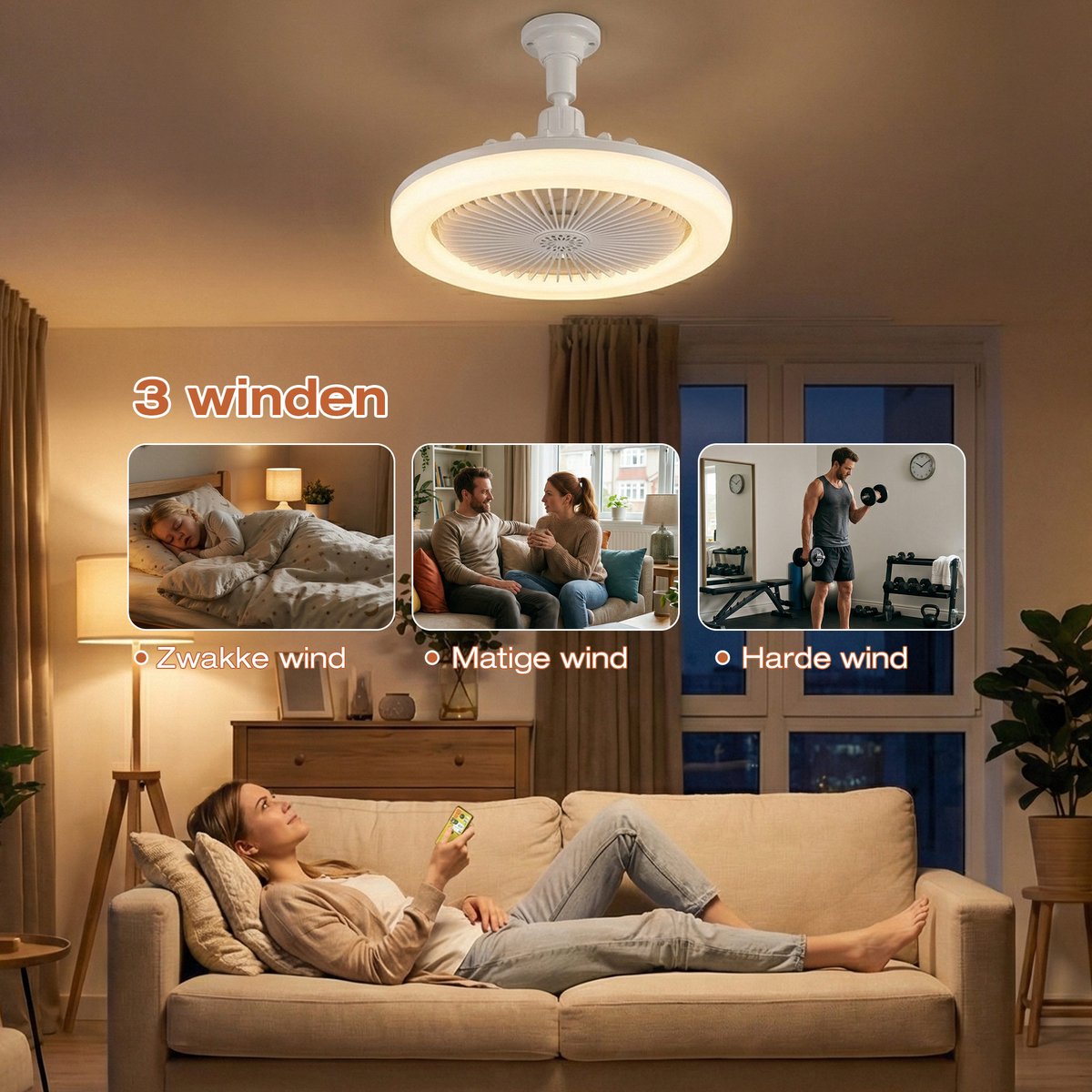 MUPOO Plafond ventilator met LED verlichting E27 Fitting met 360° Draaibaar-APP & Afstandsbediening thumbnail 4
