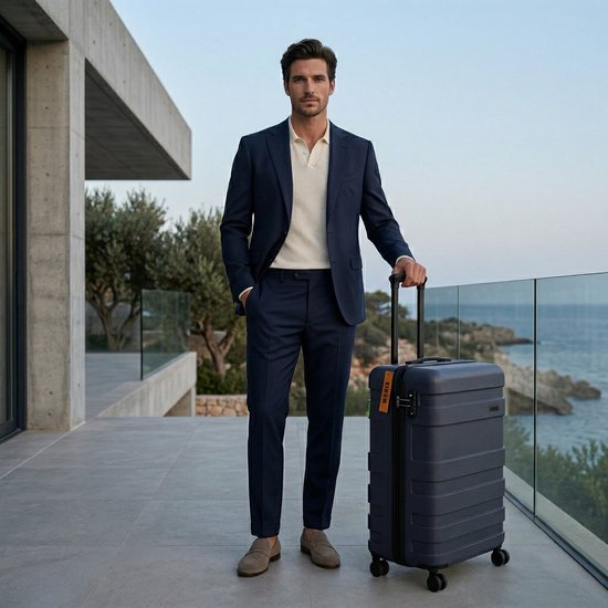 Man in donkerblauw pak met lichtgeel poloshirt en donkerblauwe koffer met oranje label.