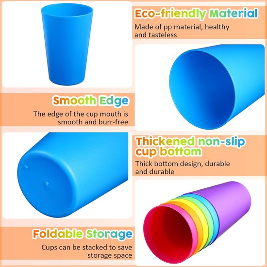Set van 24 Herbruikbare Plastic Bekers (250ml) - Onbreekbare Drinkbekers voor Kinderen, Camping & Feestjes - 6 Vrolijke Kleuren - Vaatwasserbestendig — afbeelding 2
