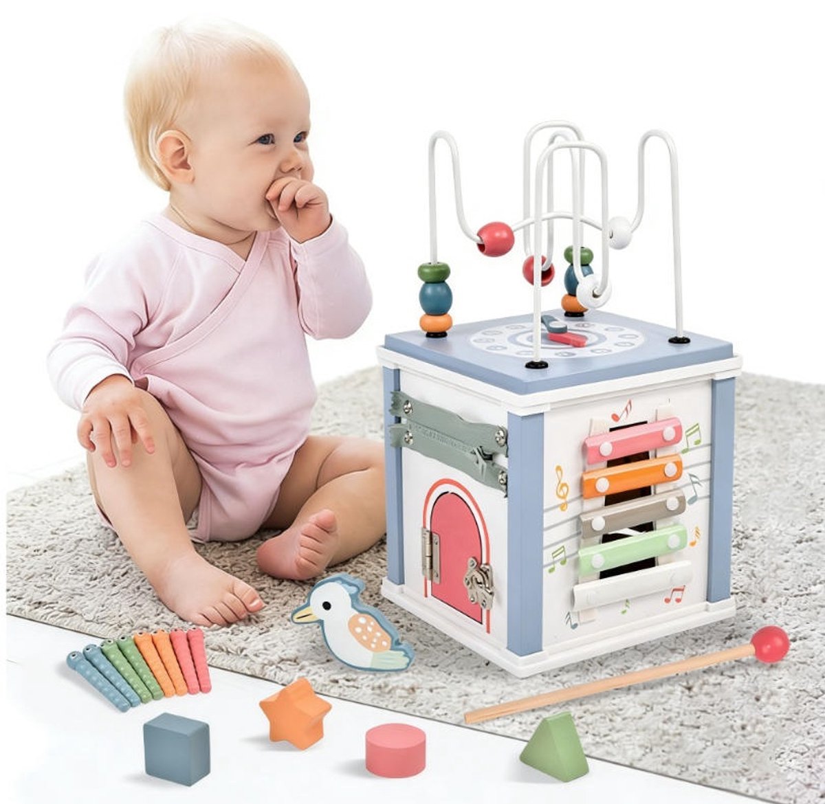 8-in-1 Houten Montessori Motoriekwürfel - Drukbal & Drukplank - Educatief Speelgoed voor Baby's van 1 Jaar Oud - Activiteitenkubus met 6 Zijden voor Fijne Motoriek
