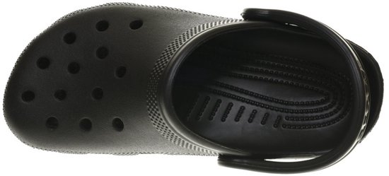 Vue de dessus d'un sabot Crocs noir avec perforations et assise plantaire texturée.