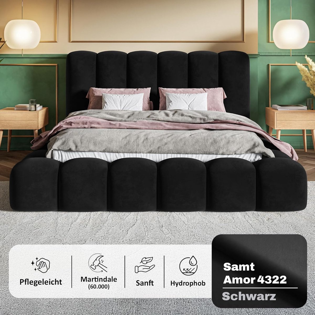 Gestoffeerd Opbergbed 160x200 cm Fluweel Zwart met Matras H3/H4, Lattenbodem en Hoofdbord – Luxe Bubble Bed met Hydraulische Opbergruimte en Bedlade – NoviHome Midnight Luxe Bed