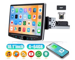 ESSGOO 1DIN Autoradio auto met 10,1 Inch 360° draaibaar scherm - DAB+ autoradio geschikt voor CarPlay en Android auto - Android 15 4 + 64 GB - Bluetooth FM RDS - multimediaspeler - 12LED-achteruitrijcamera - microfoon