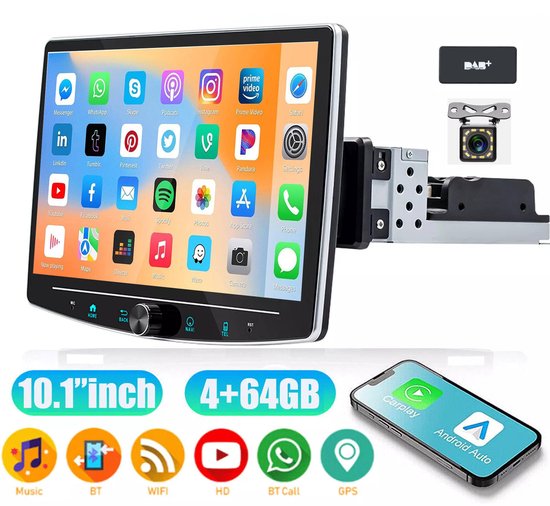 ESSGOO 1DIN Autoradio auto met 10,1 Inch 360° draaibaar scherm - DAB+ autoradio geschikt voor CarPlay en Android auto - Android 15 4 + 64 GB - Bluetooth FM RDS - multimediaspeler - 12LED-achteruitrijcamera - microfoon