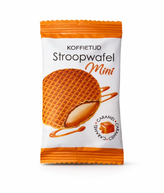 Un emballage de mini-stroopwafel avec le texte 'KOFFIETIJD Stroopwafel Mini'. Un morceau de gaufre est cassé, laissant couler le caramel.