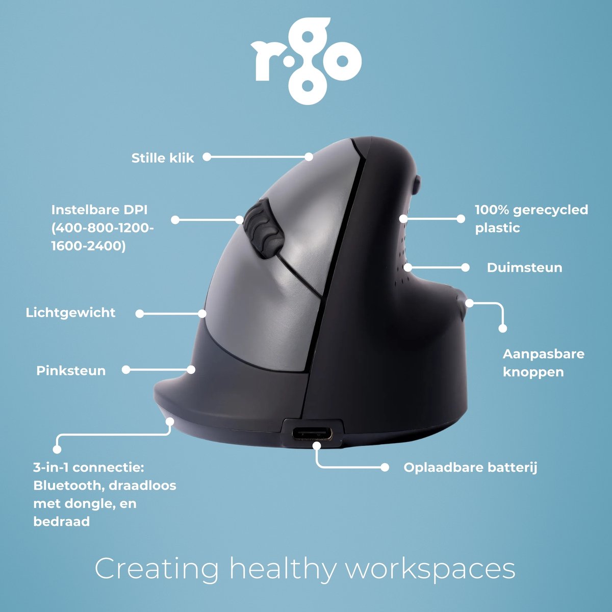 R-Go HE - Ergonomische Verticale Muis - Bluetooth - Draadloos thumbnail 8