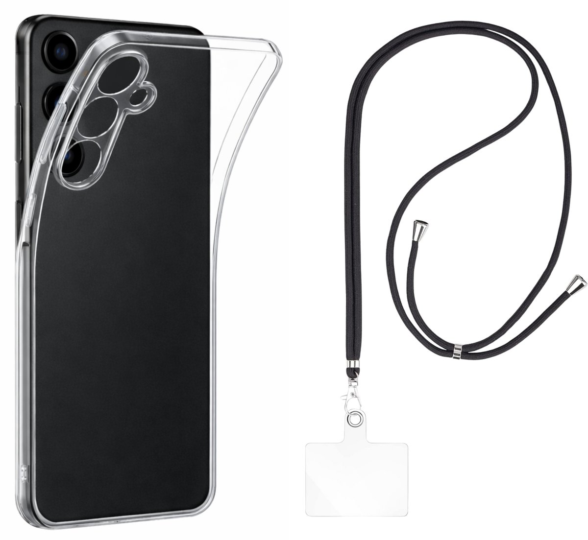 Set met hoesje en nekband voor Samsung Galaxy s26 plus - Flexibele, transparante TPU-bescherming, verstelbare universele nekband voor mobiele telefoons, zwarte nekband, transparante draagriem van Phonillico®