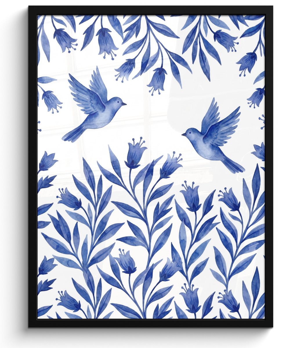FrameYourWall Poster in lijst - Fotolijst 60x80 cm - Posters - Modern - Vogels - Delfts - Blauw - Posterlijst zwart - Decoratie - Wanddecoratie woonkamer - Muurdecoratie slaapkamer