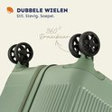 Close-up van de dubbele wielen van een groene koffer. Tekst: 'dubbele wielen'.