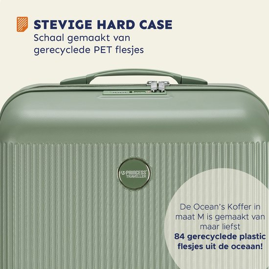 Groene koffer met een gestreept patroon. Tekst: 'stevige hard case'.