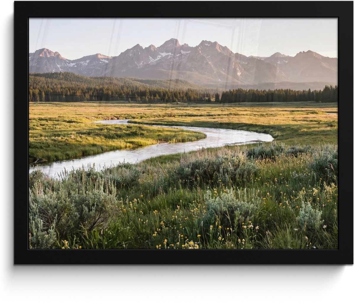 FrameYourWall Poster in lijst - Fotolijst 40x30 cm - Posters - Berglandschap - Rivier - Bos - Posterlijst zwart - Decoratie - Wanddecoratie woonkamer - Muurdecoratie slaapkamer
