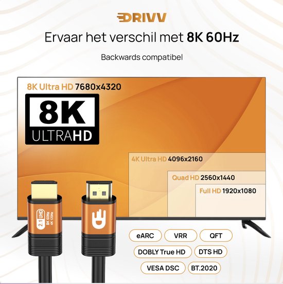 Drivv. Premium HDMI Kabel 2.1 - Ultra HD - 8K 60Hz - 4K 120Hz - Geschikt voor gameconsoles - HDMI-kabels - 2 meter - Oranje