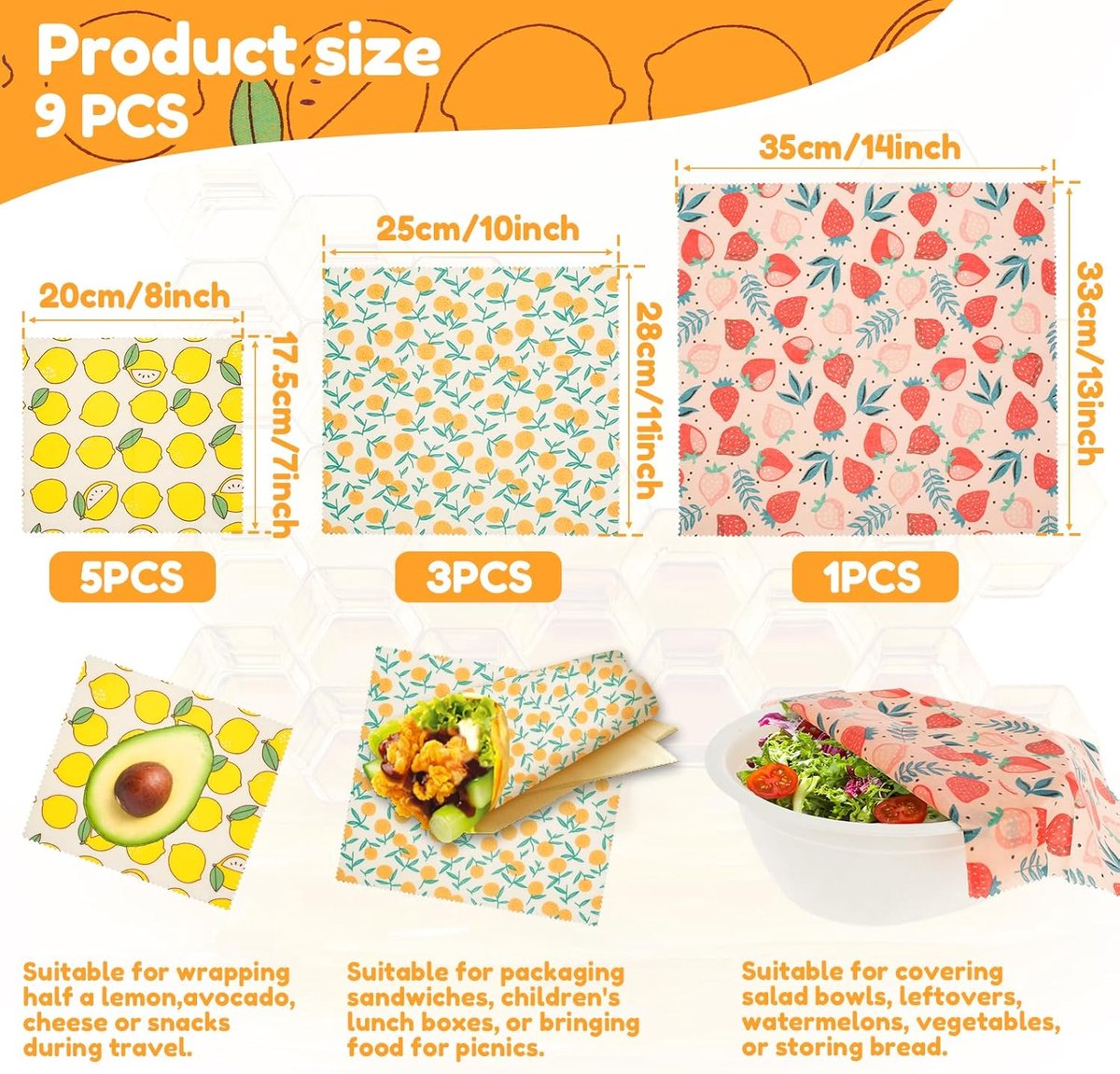 Bijenwas Doeken - 9 Stuks Bijenwas Wraps voor Voedsel - Plastic-Free Alternative to Cling Film - Herbruikbaar - Milieuvriendelijk Duurzaam Voedsel Wraps - voor Vershouding, Broodgisting en Opslag - Organic Beeswax Food Wraps Set — cadeau in Kookcadeaus - foto 7