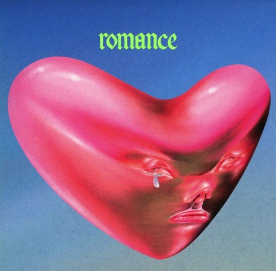Roze hart met een gezicht, tranen en de tekst 'romance'.