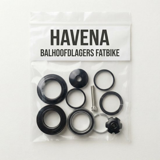 Havena Balhoofdlagers Fatbike verpakking met zwarte lagers, ringen, schroef en stervormige dop.